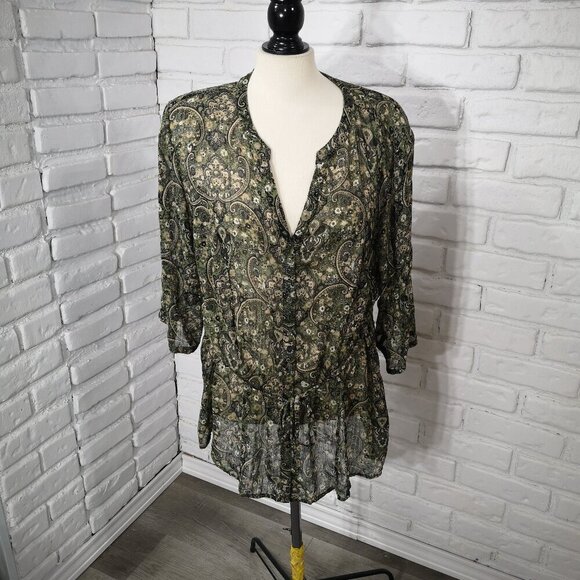 Reitmans Plus Ladies Size 16 Green Tan & Black Pattern Sheer Button Front Blouse - Picture 1 of 9